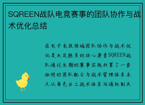 SQREEN战队电竞赛事的团队协作与战术优化总结