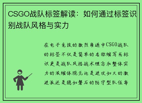 CSGO战队标签解读：如何通过标签识别战队风格与实力